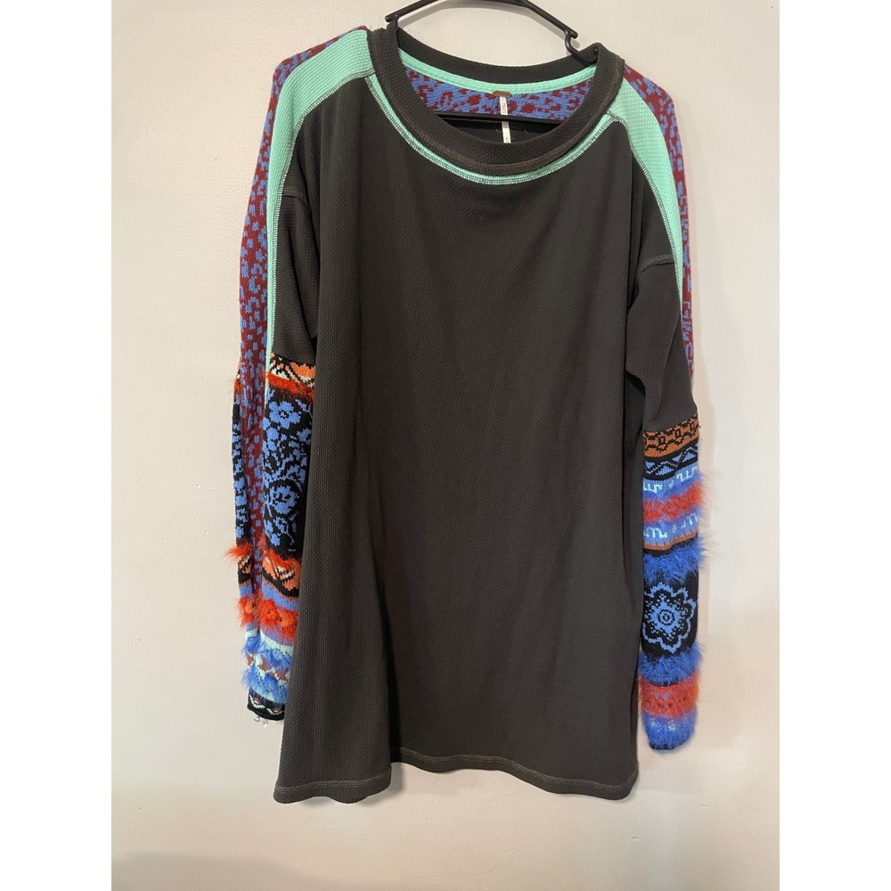 Free People Mixed Media Thermal Top Grey Waffle Knit Patterned Fur Sleeves M